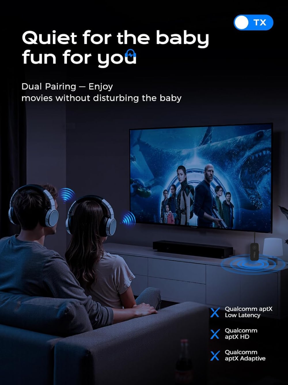 Wireless Bluetooth 6.0 Audio Adapter with Dual Headphone Support for Airplanes, TVs, Gaming, and Fitness Machines