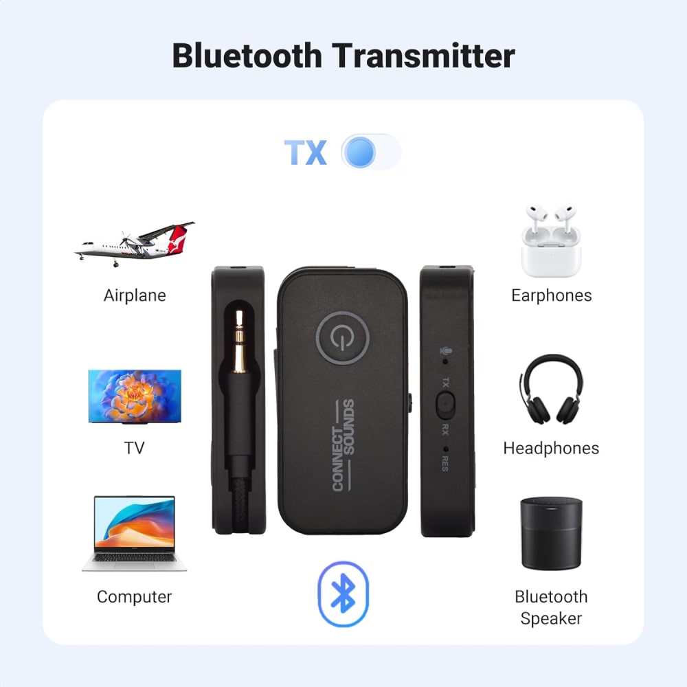 Wireless Bluetooth 6.0 Audio Adapter with Dual Headphone Support for Airplanes, TVs, Gaming, and Fitness Machines
