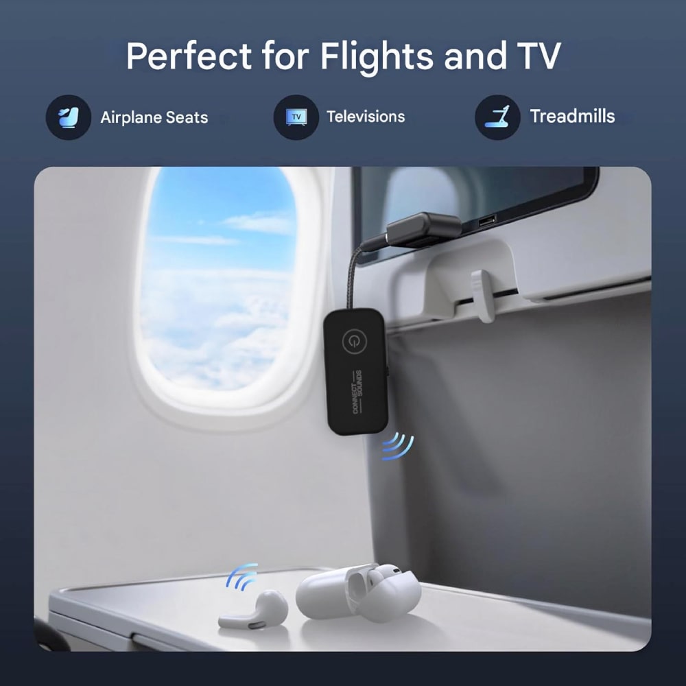 Wireless Bluetooth 6.0 Audio Adapter with Dual Headphone Support for Airplanes, TVs, Gaming, and Fitness Machines