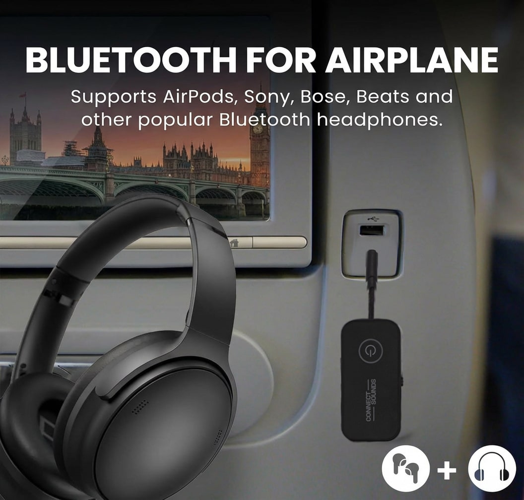 Wireless Bluetooth 6.0 Audio Adapter with Dual Headphone Support for Airplanes, TVs, Gaming, and Fitness Machines