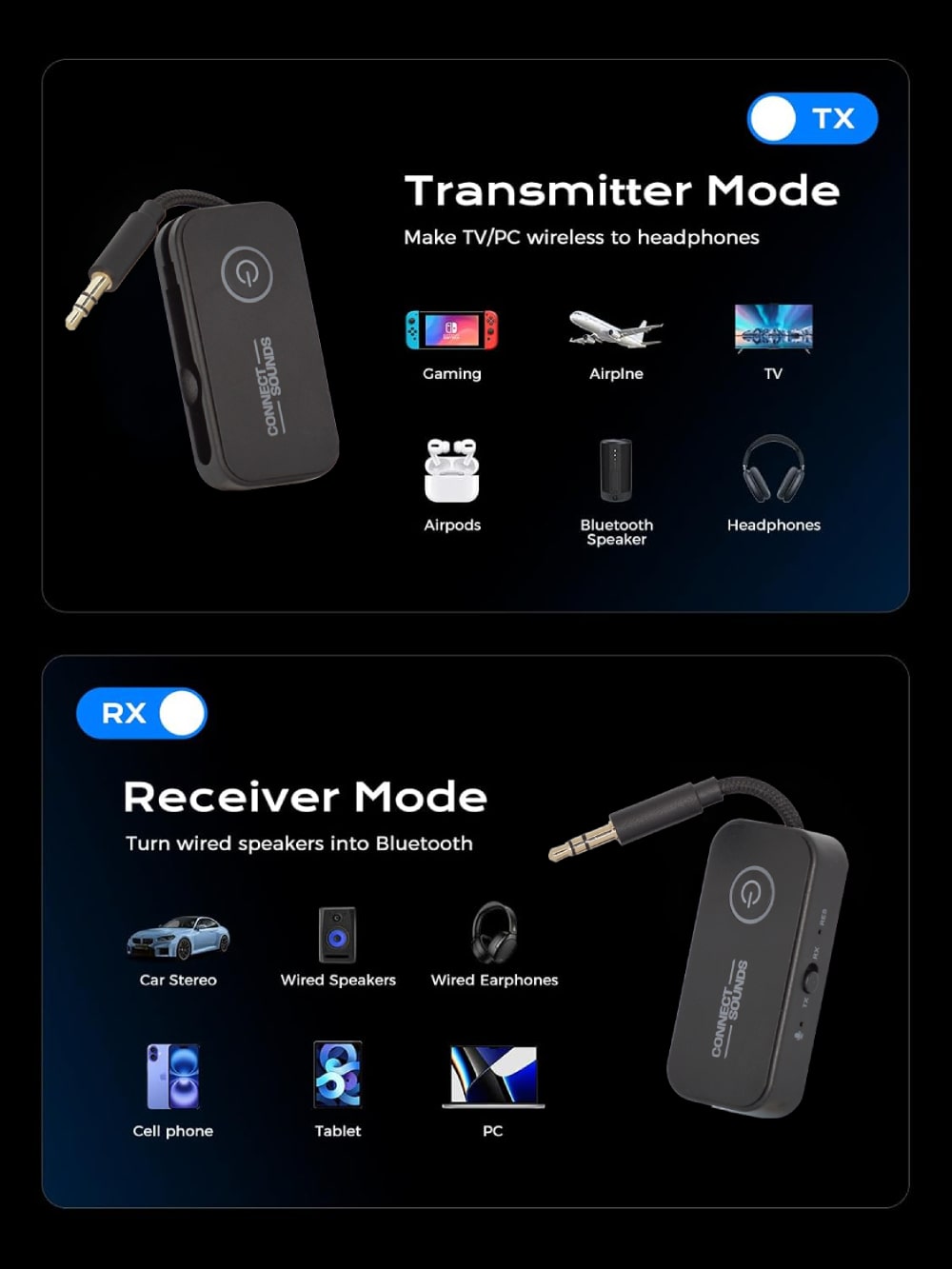 Wireless Bluetooth 6.0 Audio Adapter with Dual Headphone Support for Airplanes, TVs, Gaming, and Fitness Machines