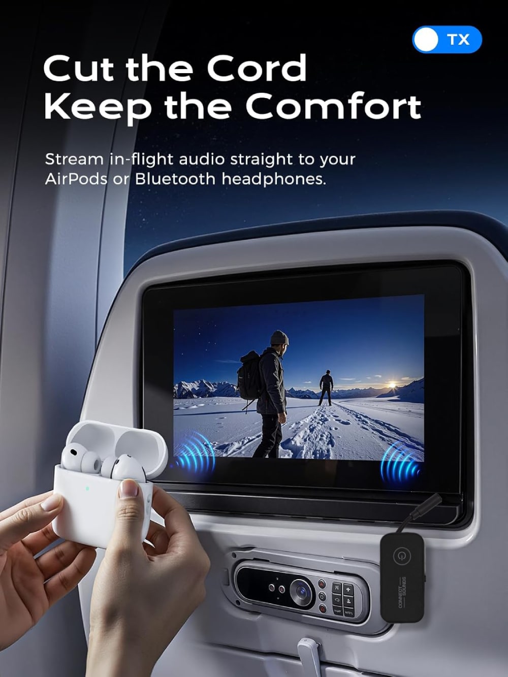 Wireless Bluetooth 6.0 Audio Adapter with Dual Headphone Support for Airplanes, TVs, Gaming, and Fitness Machines
